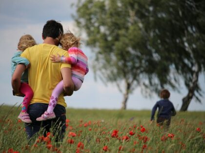 man carrying to girls on field of red petaled flower